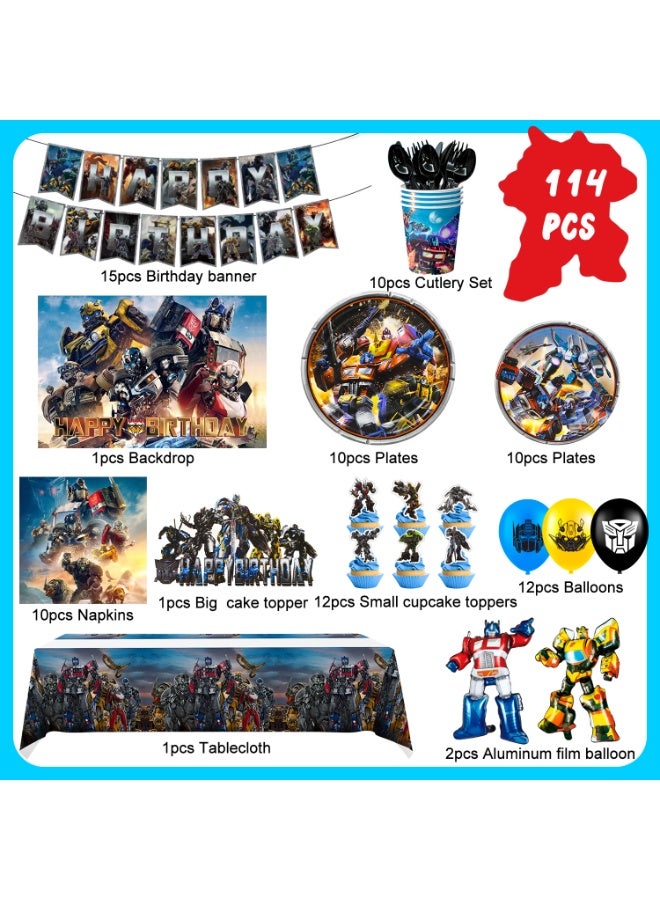 حفلة مثمرة زينة حفلة عيد ميلاد ترانسفورمرز لـ 10 ضيوف، 114 قطعة مجموعة أدوات مائدة حفلة عيد ميلاد ترانسفورمرز قابلة للتصرف لافتة خلفية مفرش طاولة بالونات زينة كعكة - Image 2