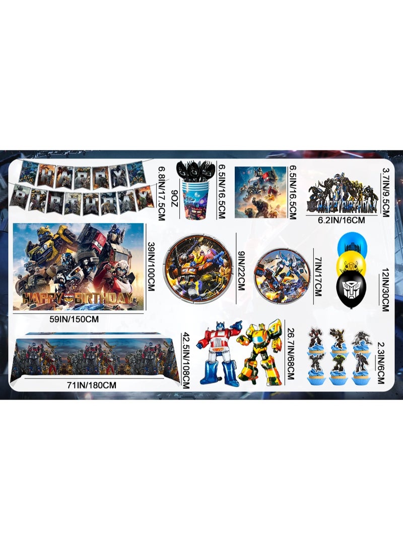 حفلة مثمرة زينة حفلة عيد ميلاد ترانسفورمرز لـ 10 ضيوف، 114 قطعة مجموعة أدوات مائدة حفلة عيد ميلاد ترانسفورمرز قابلة للتصرف لافتة خلفية مفرش طاولة بالونات زينة كعكة - Image 3