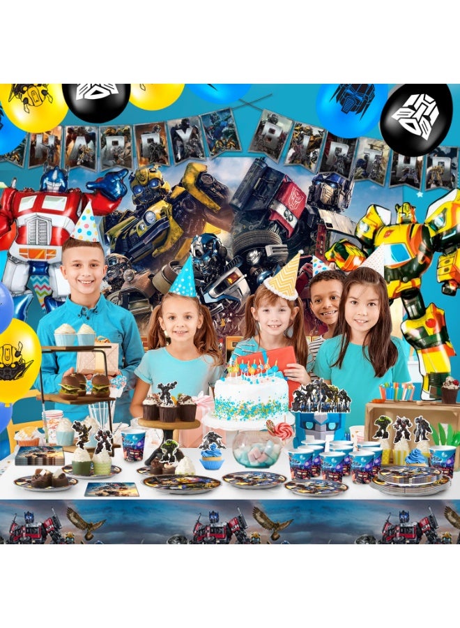 حفلة مثمرة زينة حفلة عيد ميلاد ترانسفورمرز لـ 10 ضيوف، 114 قطعة مجموعة أدوات مائدة حفلة عيد ميلاد ترانسفورمرز قابلة للتصرف لافتة خلفية مفرش طاولة بالونات زينة كعكة - Image 4