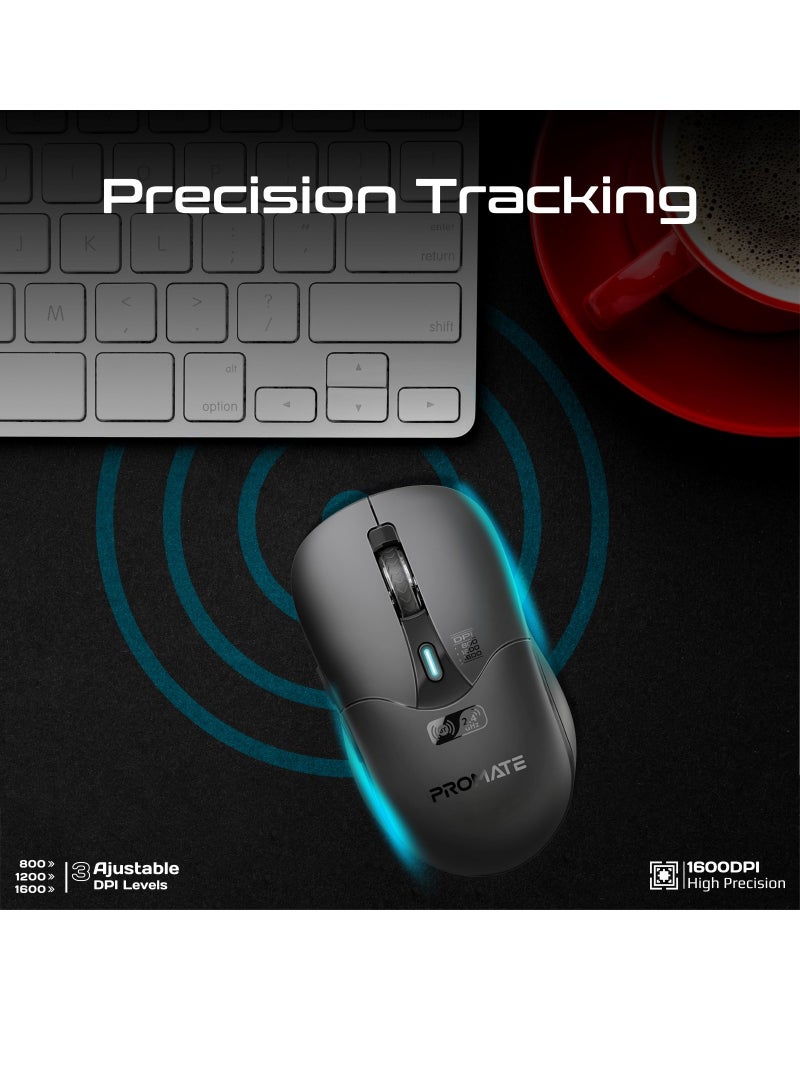 PROMATE 500 mAh Rechargeable Wireless Mouse, Professional Contoured 500mAh Battery Mouse with Dual Bluetooth/Nano Receiver Connectivity, 1600 DPI, 6 Multi-Functional Buttons for Mac OS, Windows Black - Image 2