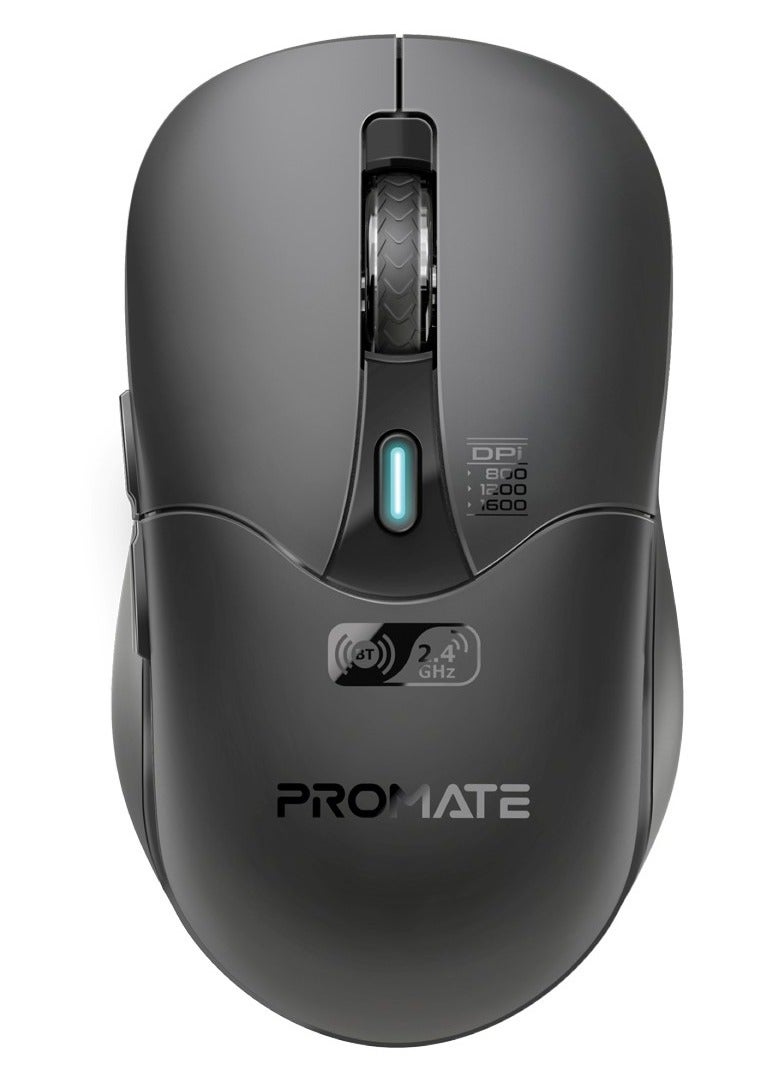 Rechargeable Wireless Mouse, Professional Contoured 500mAh Battery Mouse with Dual Bluetooth/Nano Receiver Connectivity, 1600 DPI, 6 Multi-Functional Buttons for Mac OS, Windows Black