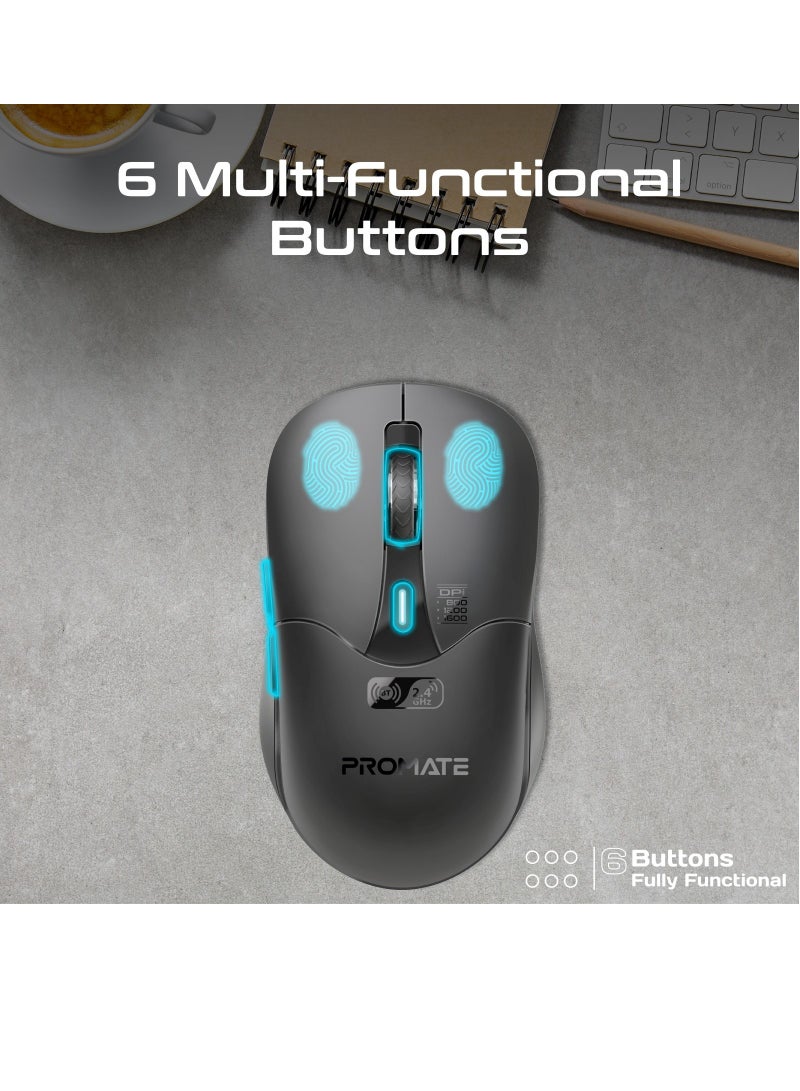 PROMATE 500 mAh Rechargeable Wireless Mouse, Professional Contoured 500mAh Battery Mouse with Dual Bluetooth/Nano Receiver Connectivity, 1600 DPI, 6 Multi-Functional Buttons for Mac OS, Windows Black - Image 4