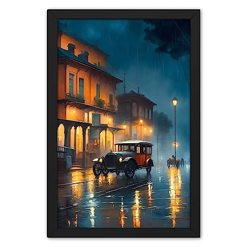 Ritwika's Abstract Wall Art Of Rainy Night Old Town Modern Art Painting Wiht Frame | Perfect For Home and Office Decor & Gift | With Glass, Size 13.5 x 19.5 Inch, Set of 1 - Image 1