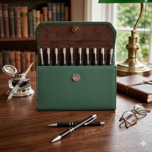essart Faux Leather 10-Slots Pen Pouch – Stylish & Durable Storage for Pens Storage Case, Pen Pouch Colour Croco Green - Image 4