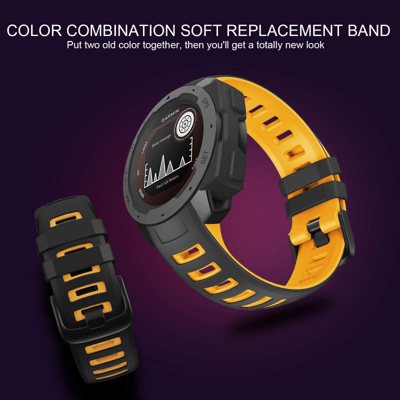 ANCOOL Compatible with Garmin Instinct 2 Band, Soft Silicone Watchband Replacement for Garmin Instinct Tide/Esports/Solar/Tactical Smartwatches, Black/Straw Yellow - Image 4