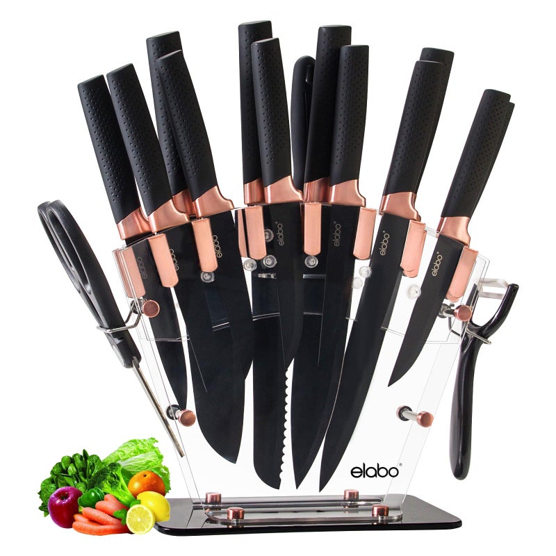 elabo elabo Kitchen Knife Set with Block - 16 Pcs Stainless Steel Knives Set for Kitchen, Includes 6 Sharp Kitchen Knives, 6 Serrated Steak Knives, Scissor, Sharpener, Acrylic Block Knife Set (Rose Gold)  - Image 1
