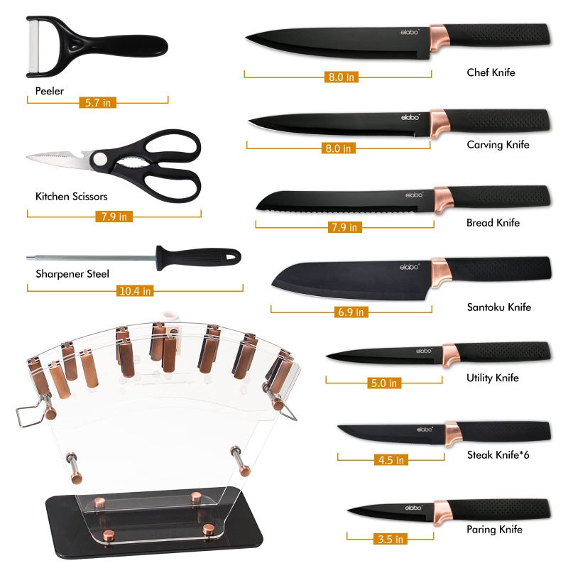 elabo elabo Kitchen Knife Set with Block - 16 Pcs Stainless Steel Knives Set for Kitchen, Includes 6 Sharp Kitchen Knives, 6 Serrated Steak Knives, Scissor, Sharpener, Acrylic Block Knife Set (Rose Gold)  - Image 3