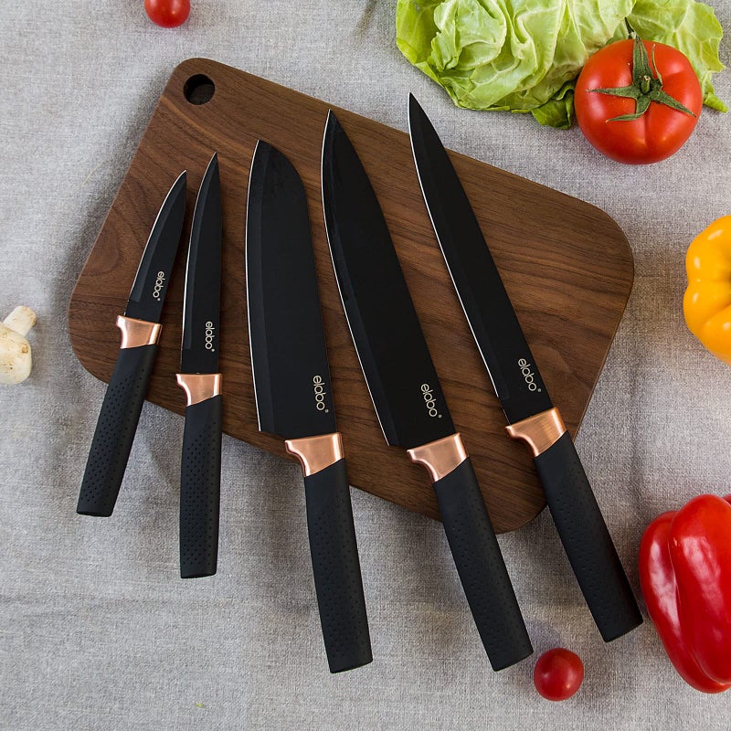 elabo elabo Kitchen Knife Set with Block - 16 Pcs Stainless Steel Knives Set for Kitchen, Includes 6 Sharp Kitchen Knives, 6 Serrated Steak Knives, Scissor, Sharpener, Acrylic Block Knife Set (Rose Gold)  - Image 2