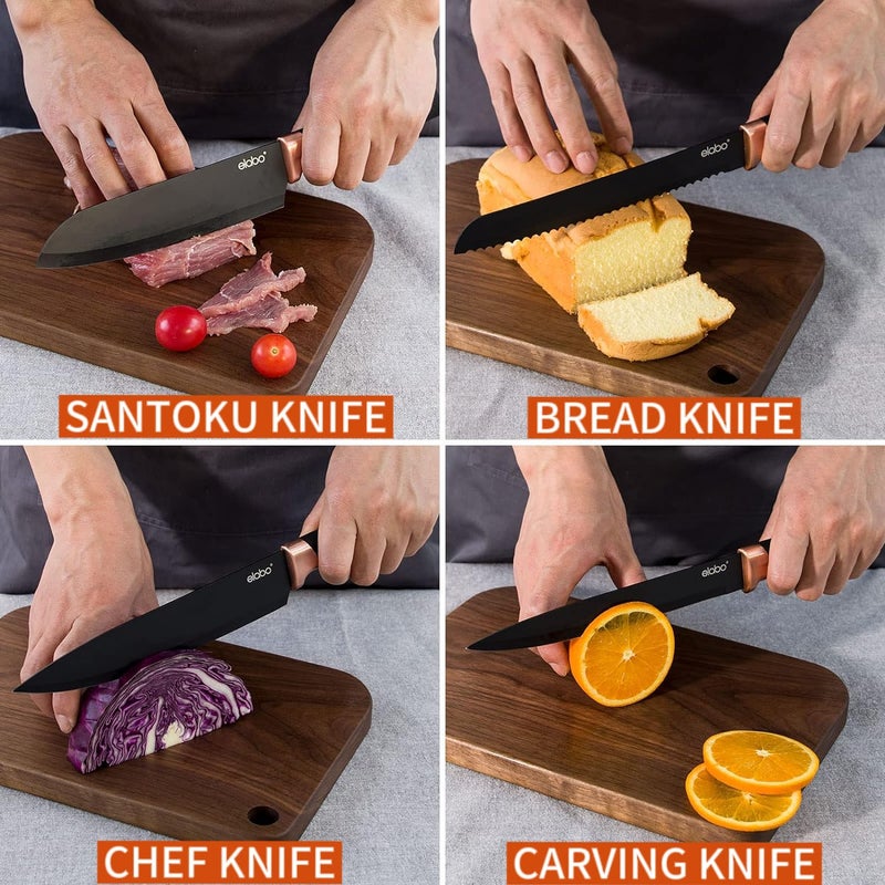 elabo elabo Kitchen Knife Set with Block - 16 Pcs Stainless Steel Knives Set for Kitchen, Includes 6 Sharp Kitchen Knives, 6 Serrated Steak Knives, Scissor, Sharpener, Acrylic Block Knife Set (Rose Gold)  - Image 5