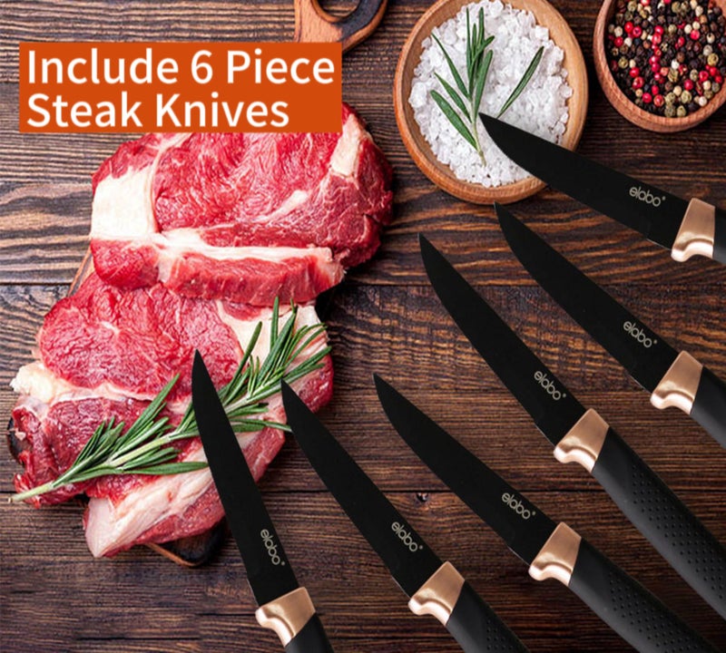 elabo elabo Kitchen Knife Set with Block - 16 Pcs Stainless Steel Knives Set for Kitchen, Includes 6 Sharp Kitchen Knives, 6 Serrated Steak Knives, Scissor, Sharpener, Acrylic Block Knife Set (Rose Gold)  - Image 4