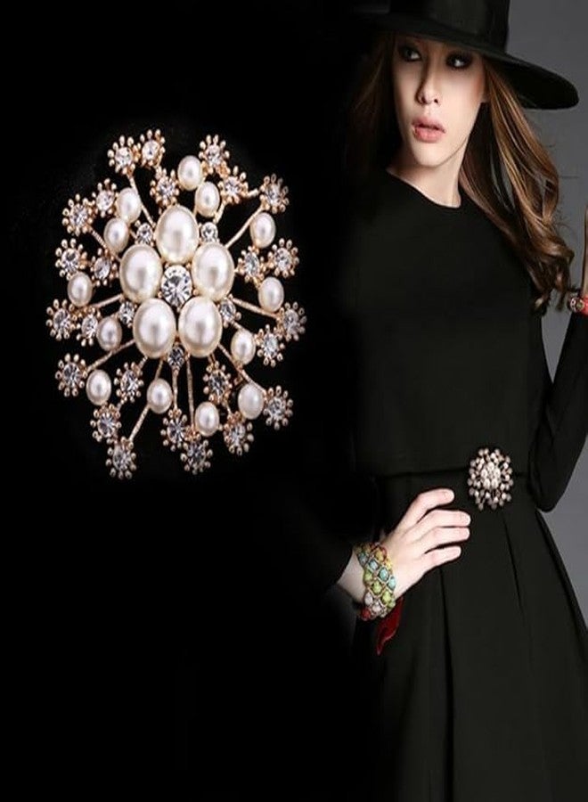 TREXEE Pearl Crystal Snowflake Flower Design Brooch Pin Badge Fashionable Charming Dress Scarves Shawl Clip Clothes Bags Decoration Jewelry Gift for Women Girls - Image 3