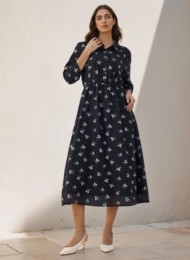 Splash FAV Midi Denim Shirt Dress with Floral Print