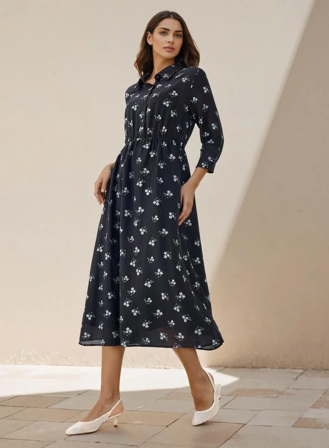 Splash FAV Midi Denim Shirt Dress with Floral Print