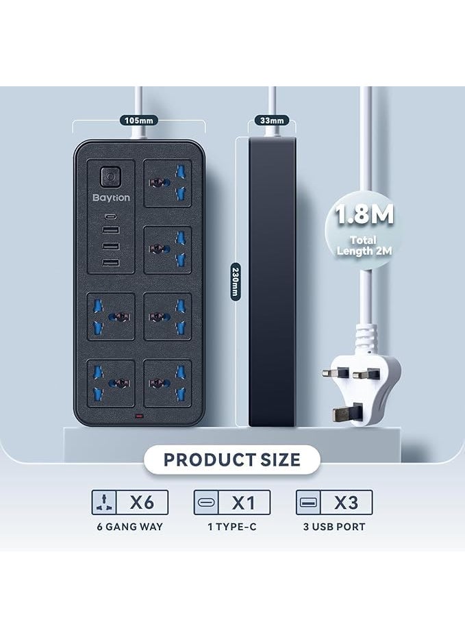 VIRZA TRADE Virza trade Extension Lead with Multiple Function Socket Outlet with Gang 3 USB Port 10in1 High Power Extension Socket 6 AC Sockets 1 TypeC Port Black  - Image 3