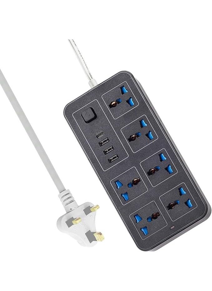 VIRZA TRADE Virza trade Extension Lead with Multiple Function Socket Outlet with Gang 3 USB Port 10in1 High Power Extension Socket 6 AC Sockets 1 TypeC Port Black  - Image 1