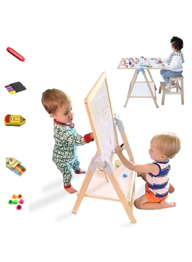QZMTOY حامل الرسم للأطفال QZMTOY، مجموعة حامل الوقوف الفاخرة، طاولة فنية قابلة للتعديل، لوحة مسح جاف وسبورة طباشير مزدوجة الجوانب، حامل رسم دوار 360° مع مستلزمات فنية، ارتفاع قابل للتعديل من 28-39 بوصة - Image 3