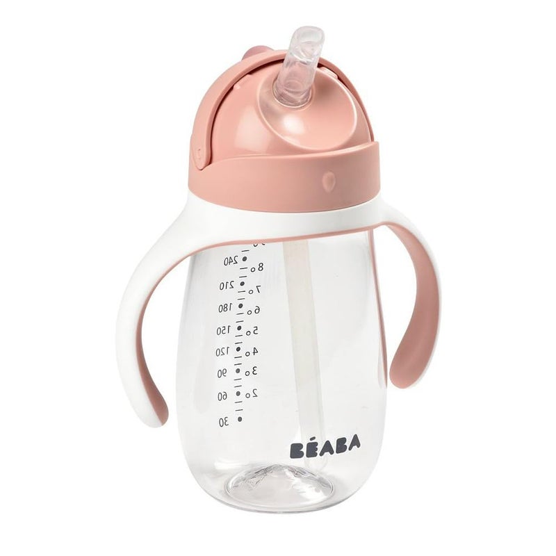 Baba Beaba 2-in-1 Baby Sipper Water Bottle, Anti Spill Sippy Cup with Soft Silicone Straw for Toddlers, Kids, 100% Waterproof, Easy to Open, Removable Handles, Tritan and Silicone - 300 ml, Terracotta, 8m+ (Vintage Pink) - Image 1
