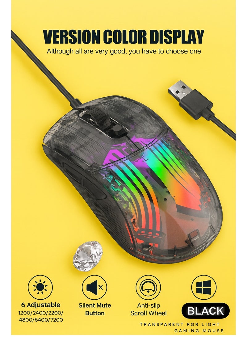 XUNFOX XYH10 Transparent RGB Wired Gaming Mouse, 6-Level Adjustable DPI 1200–7200 Esports Mouse with Silent Click, Anti-Slip Scroll Wheel, Colorful Breathing Light, USB Plug & Play for Windows 7/8/10/11 PC/Laptop - Image 1