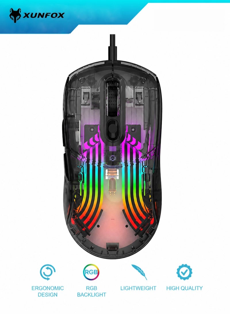 XUNFOX XYH10 ماوس سلكي شفاف RGB خفيف ماوس ألعاب ميكانيكي كتم صوت للرياضات الإلكترونية - Image 1