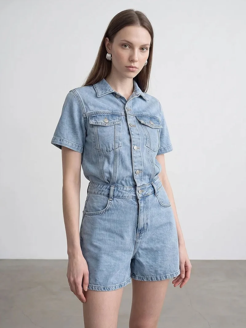 Dilvin Light Blue Denim DILVIN Denim Dungaree Shorts With Shirt Collar for Women | Best Price UAE