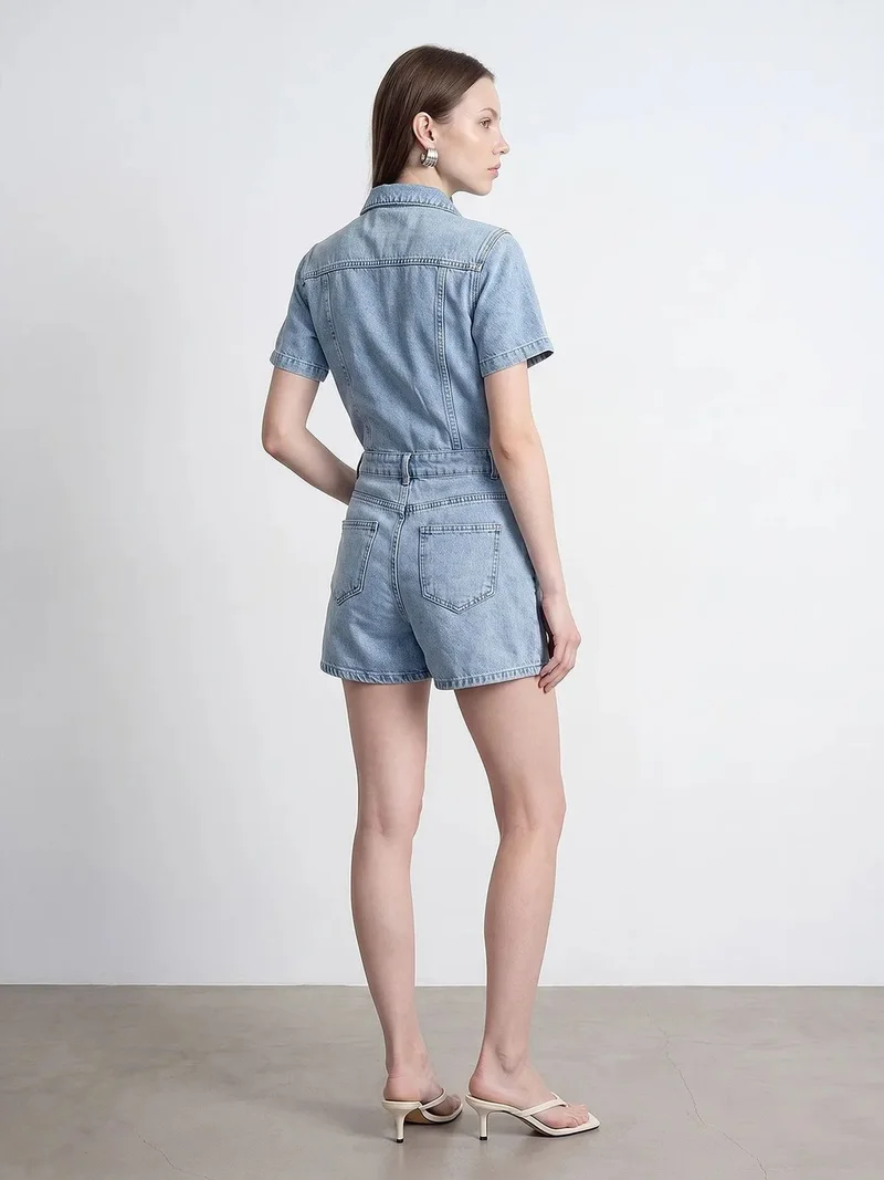 Dilvin Light Blue Denim DILVIN Denim Dungaree Shorts With Shirt Collar for Women | Best Price UAE
