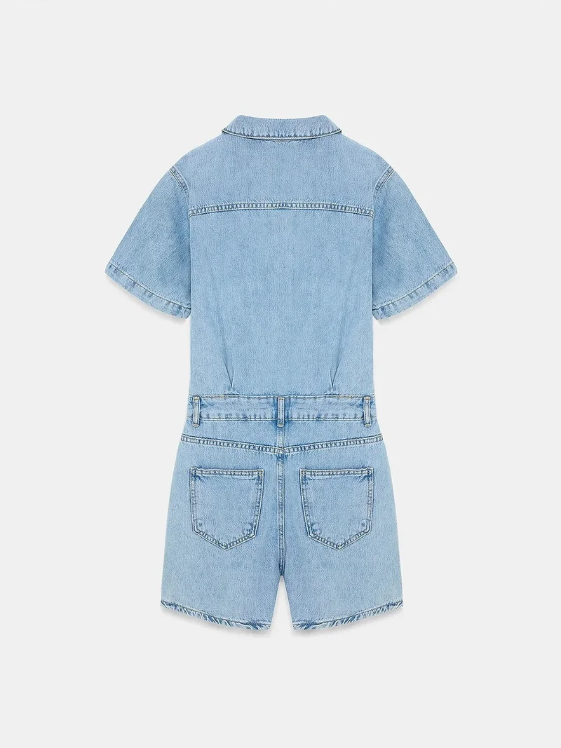 Dilvin Light Blue Denim DILVIN Denim Dungaree Shorts With Shirt Collar for Women | Best Price UAE