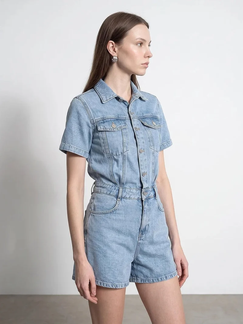 Dilvin Light Blue Denim DILVIN Denim Dungaree Shorts With Shirt Collar for Women | Best Price UAE