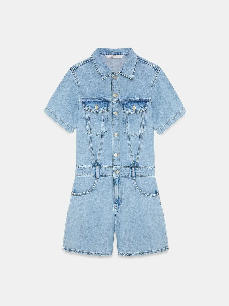 DILVIN Denim Dungaree Shorts With Shirt Collar