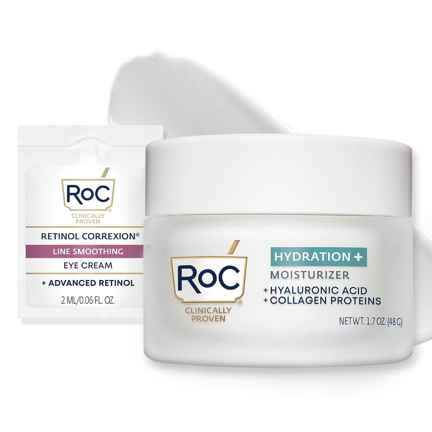 RoC Hydration Hyaluronic Acid Moisturizer Face Cream Hydrating Smoothing Fragrance Free Formula with Collagen Proteins 17 Ounces with Retinol Eye Cream Packette