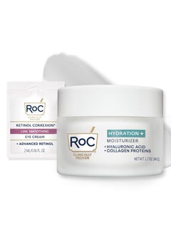 RoC RoC Hydration Hyaluronic Acid Moisturizer Face Cream Hydrating Smoothing Fragrance Free Formula with Collagen Proteins 17 Ounces with Retinol Eye Cream Packette 