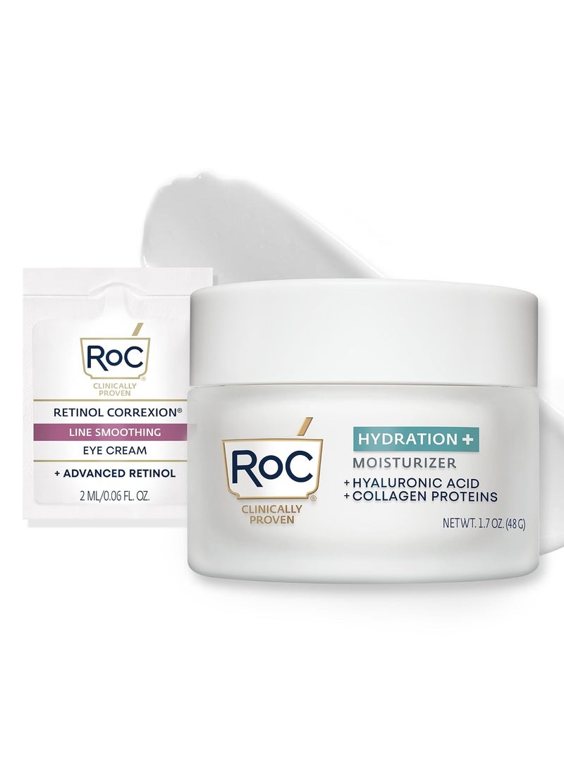RoC - RoC Hydration Hyaluronic Acid Moisturizer Face Cream Hydrating Smoothing Fragrance Free Formula with Collagen Proteins 17 Ounces with Retinol Eye Cream Packette - Image 1