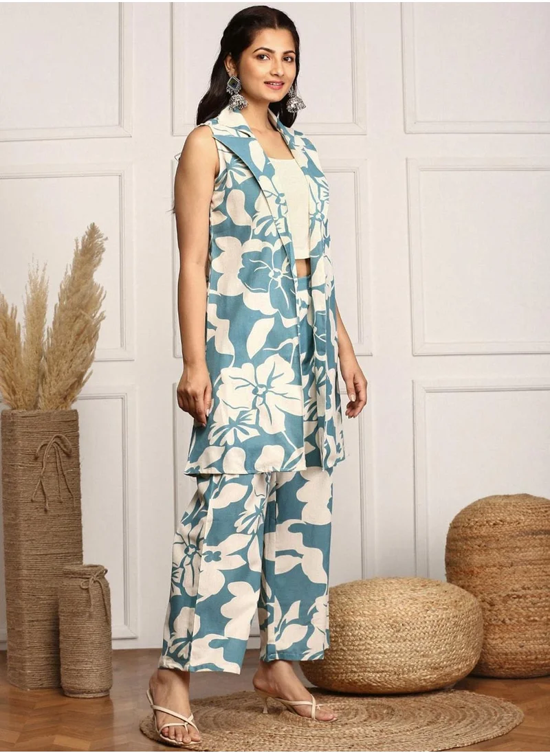 ISHIN Blue Co-Ords Set Straight Fit Full Sleeve made from Cotton featuring Self Design design and Round Neck neckline - Perfect for Ethinic!