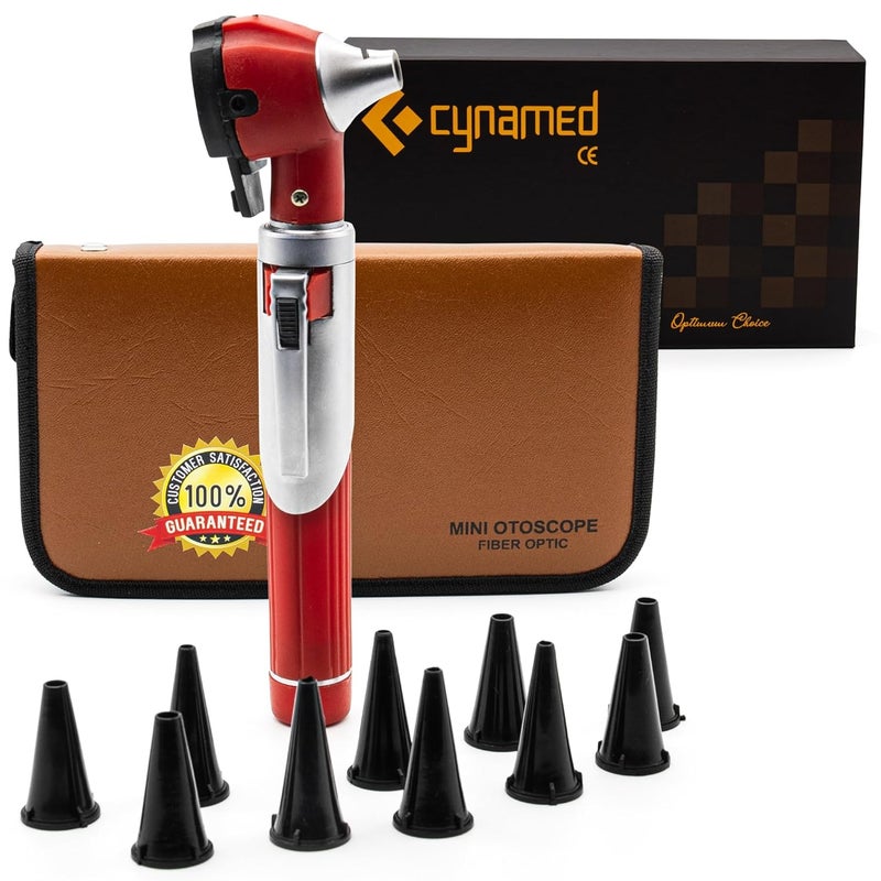 CYNAMED أوتوسكوب ميني - ضوء أذن محمول ومجموعة فحص للاستخدام المنزلي والمهني - عدسة مكبرة 4X مع نصائح احتياطية، لمبة، وحقيبة حمل (أحمر) - Image 1