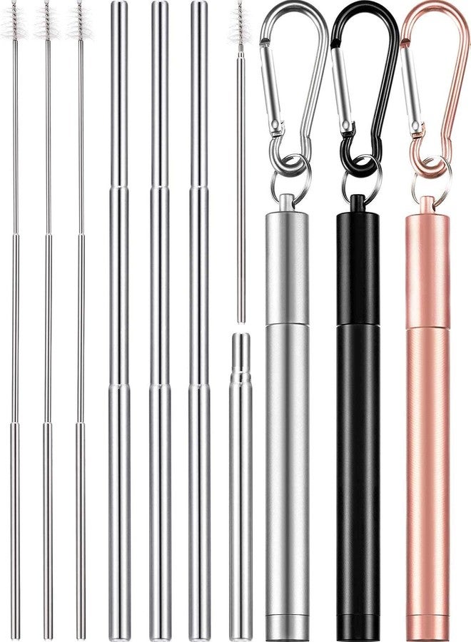 ANAB GI Collapsible Reusable Telescopic Metal Straws 3 Pack Stainless Steel Brush Drinking Straws Foldable Straw Mix (Rose, Black, Silver - Image 1