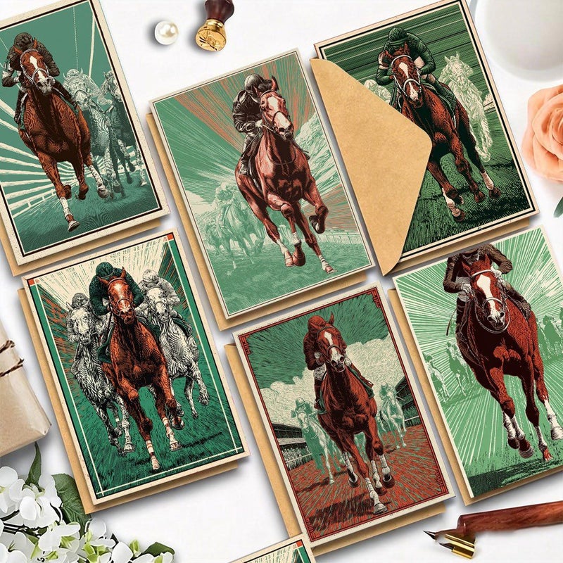 6 مجموعات من بطاقات التهنئة المتحركة لسباق الخيل مع الفرسان وأظرفها، صفحات داخلية فارغة، مثالية للعطلات والحفلات ودعوات المناسبات، هدية مثالية للعيد. - Image 1