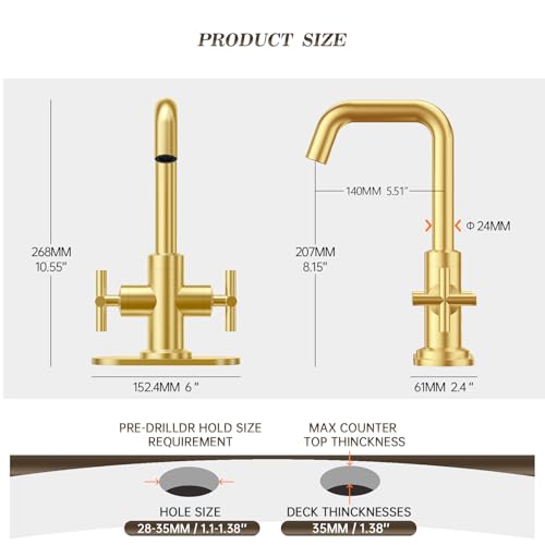 Phiestina Brushed Gold 2-Handle 4 Inch Centerset Single Hole Bathroom Faucet with Drain,Deck Plate and Supply Hoses, Fit for 1 or 3 Hole, SGF002-10-BG - Image 4