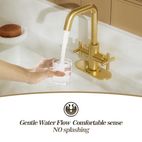Phiestina Brushed Gold 2-Handle 4 Inch Centerset Single Hole Bathroom Faucet with Drain,Deck Plate and Supply Hoses, Fit for 1 or 3 Hole, SGF002-10-BG - Image 5