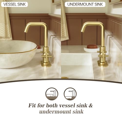 Phiestina Brushed Gold 2-Handle 4 Inch Centerset Single Hole Bathroom Faucet with Drain,Deck Plate and Supply Hoses, Fit for 1 or 3 Hole, SGF002-10-BG - Image 3