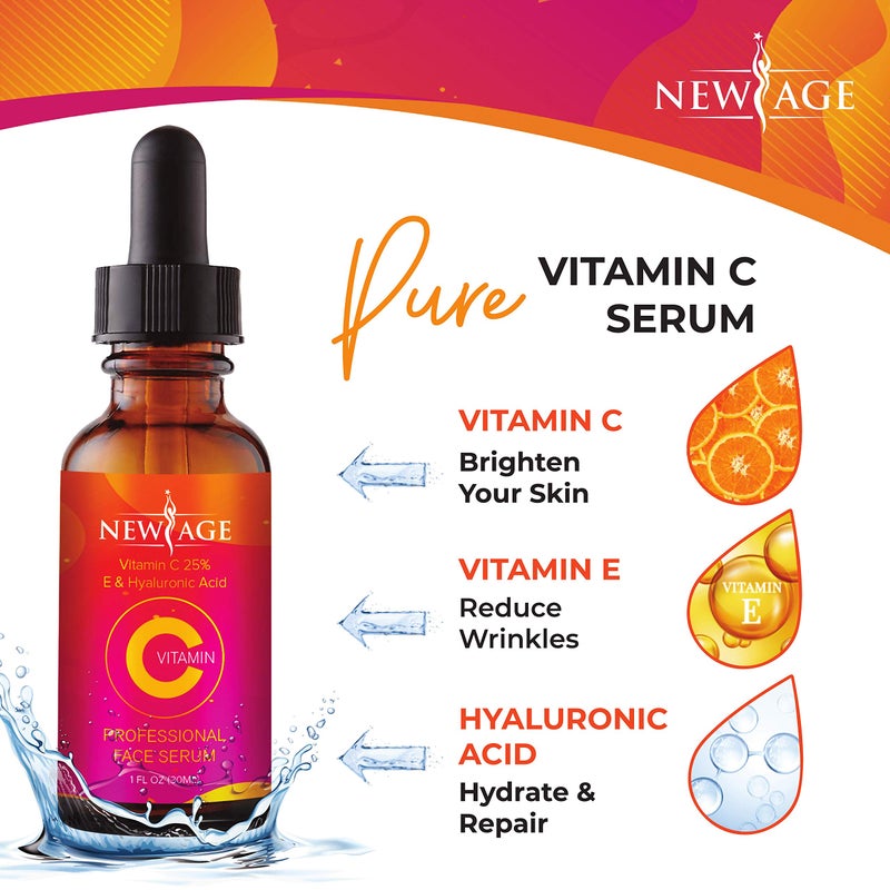 New Age (2-PACK) Vitamin C Serum with Hyaluronic Acid for Face and Eyes - Natural Anti Aging Eye Serum - Facial Serum Fades Age Spots and Sun Damage - By New Age - Image 5