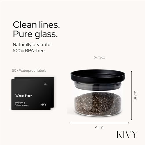 KIVY Glass spice jars transparent Glass Lid 6x 12oz Stackable Airtight small glass jars Spice containers Seasoning jars tea Spice storage containers Spice jars with black lids labels - Image 3