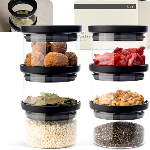 KIVY Glass spice jars transparent Glass Lid 6x 12oz Stackable Airtight small glass jars Spice containers Seasoning jars tea Spice storage containers Spice jars with black lids labels - Image 1