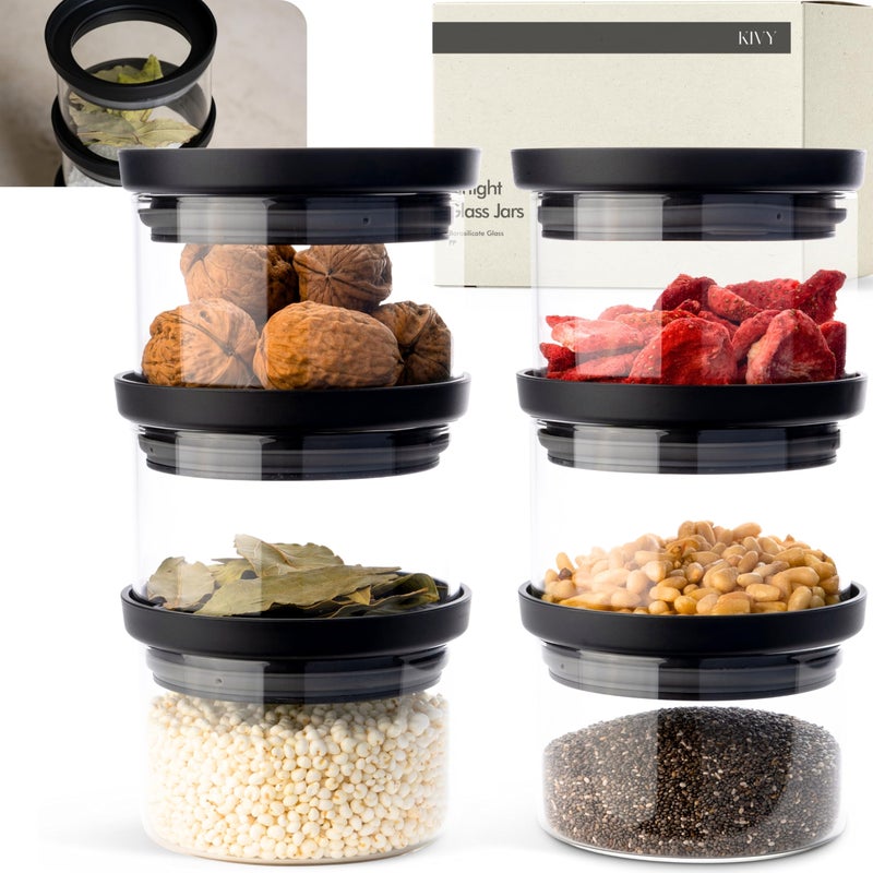 KIVY Glass spice jars transparent Glass Lid 6x 12oz Stackable Airtight small glass jars Spice containers Seasoning jars tea Spice storage containers Spice jars with black lids labels - Image 2