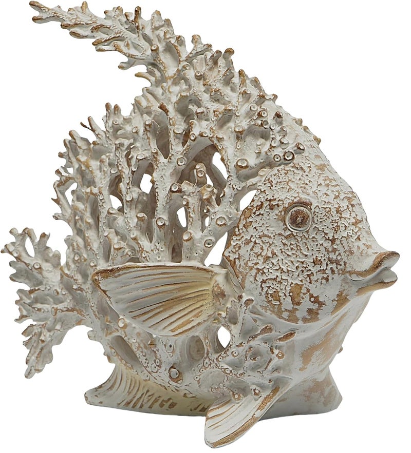 Vvgifts ديكور الشاطئ الساحلي، الشعاب المرجانية، Angelfish، ديكور مكتب المنزل، تمثال النحت لرف الطاولة، ديكور الحمام، هدية (أبيض) - Image 1