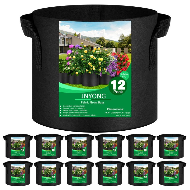 JNYONG 12-Pack 15 Gallon Thickened Non-Woven Grow Bags, Aeration Fabric Pots with Handlesï¼ˆBlackï¼‰ - Image 1