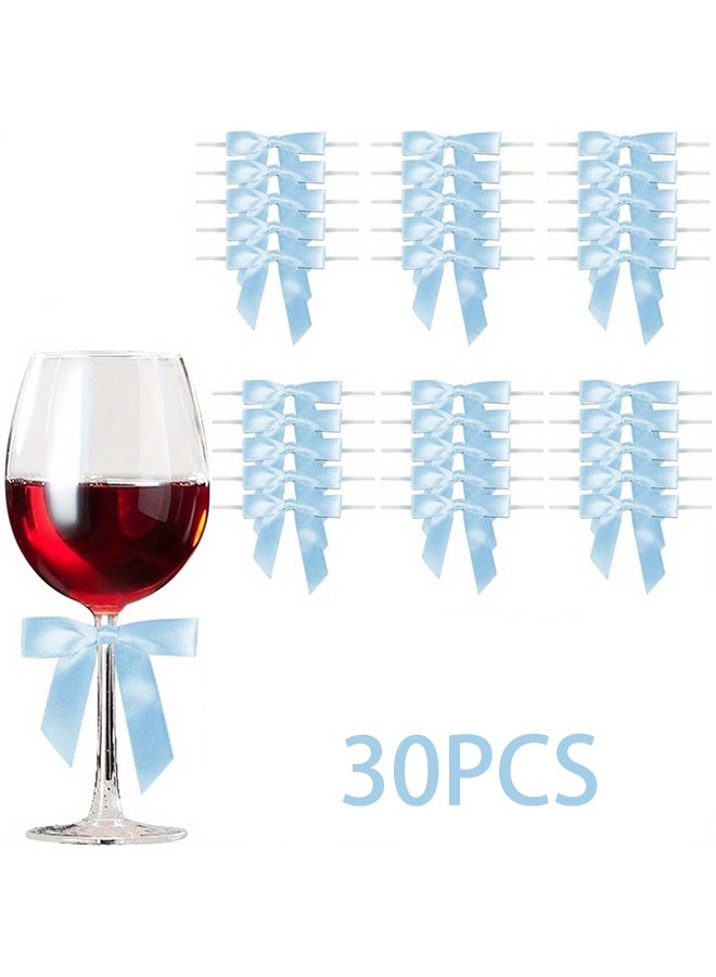 Satin Ribbon Sky Blue Bow Decor 2.5" Premade Pink Twist Tie Bows for Gift Wrapping Treat Bags Party Favors Wedding Decorations - 30 Counts - Image 1