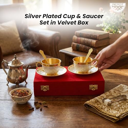 Piepot Silver Plated Cup Saucer Set in Velvet Box | Cup Saucer Set of 6 for Tea (2 Cup + 2 Saucer + 2 Spoon) | Tea/Coffee Cups 120 ml | Dishwasher Safe | Ideal for Daily Use & Gifting - Image 2