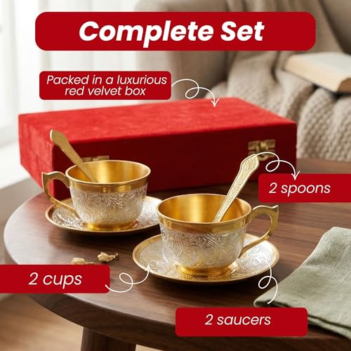Piepot Silver Plated Cup Saucer Set in Velvet Box | Cup Saucer Set of 6 for Tea (2 Cup + 2 Saucer + 2 Spoon) | Tea/Coffee Cups 120 ml | Dishwasher Safe | Ideal for Daily Use & Gifting - Image 3