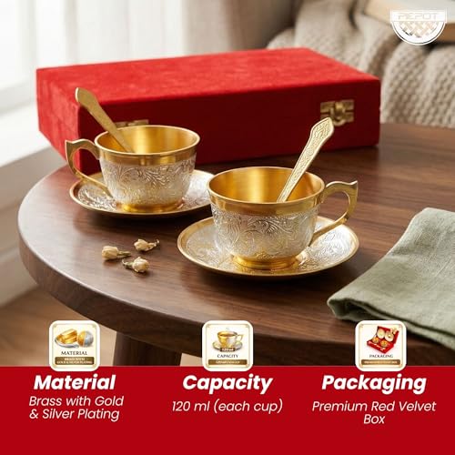 Piepot Silver Plated Cup Saucer Set in Velvet Box | Cup Saucer Set of 6 for Tea (2 Cup + 2 Saucer + 2 Spoon) | Tea/Coffee Cups 120 ml | Dishwasher Safe | Ideal for Daily Use & Gifting - Image 5