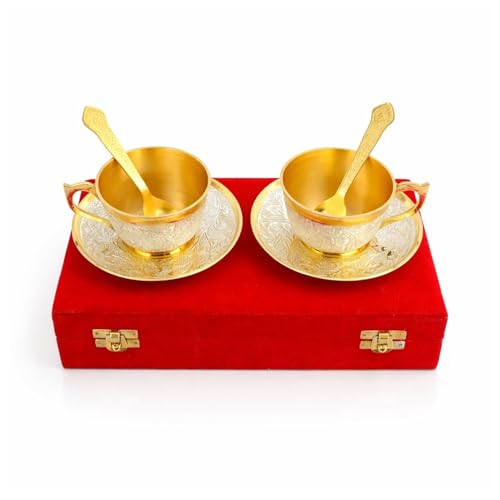 Piepot Silver Plated Cup Saucer Set in Velvet Box | Cup Saucer Set of 6 for Tea (2 Cup + 2 Saucer + 2 Spoon) | Tea/Coffee Cups 120 ml | Dishwasher Safe | Ideal for Daily Use & Gifting - Image 1
