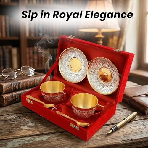 Piepot Silver Plated Cup Saucer Set in Velvet Box | Cup Saucer Set of 6 for Tea (2 Cup + 2 Saucer + 2 Spoon) | Tea/Coffee Cups 120 ml | Dishwasher Safe | Ideal for Daily Use & Gifting - Image 4